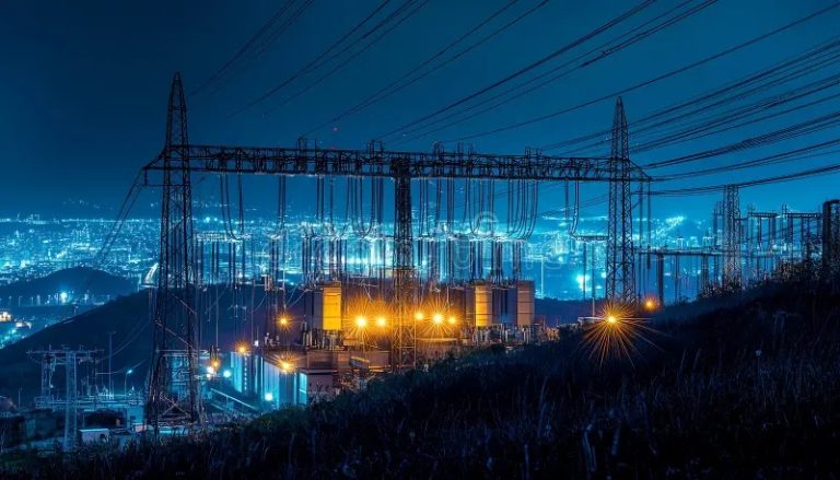 electrical substation lights power lines transformers